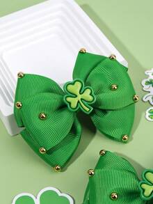 2pcs St. Patrick's Day Shamrock Hair Bows For Girls Gold Beaded Deocr Bow Alligator Clips Simple Clover Hair Clips Delicate Parade Barrettes Green Hairpins Teens Hair Accessories - Green - View 6