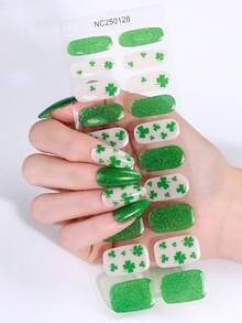 20片圣帕特里克节半固化凝胶美甲贴，清新绿色三叶草UV凝胶美甲贴，沙龙品质，易于粘贴，美甲贴纸，完美适用于女性节日庆祝活动 - 綠色 - 查看 3