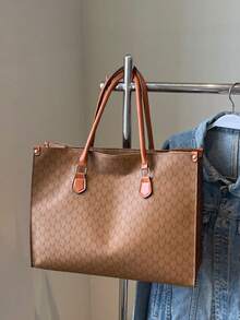 Retro Large Capacity Tote Bag, PU Leather Texture Shoulder Bag, Casual Multi-Purpose Commuter Bag - Brown - View 7