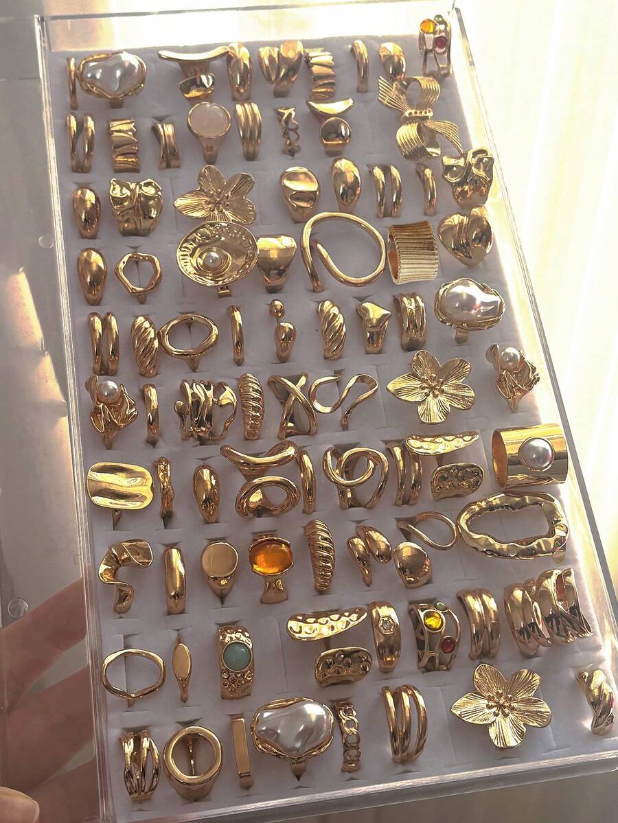 Bộ 30/20/15/10/6 chiếc nhẫn xếp chồng nhiều mảnh cổ điển, thanh lịch, dày dặn - Có hoa, nơ, hình học, ngọc trai, hình dạng bất đối xứng, họa tiết đá nhiều màu, hình trái tim, xếp ly, rỗng, vuông, tròn, xoắn, dây chuyền bện, tối giản, dây trơn, cỡ lớn, nhẫn dày dặn, thời trang, thanh lịch, tinh tế, thiết kế cổ điển, thích hợp cho ngày lễ, tiệc tùng, hẹn hò, làm quà tặng, đeo hàng ngày - Vàng - Xem 1