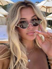 1pc Semi-Rimless Metal Semi-Circle Fashionable Retro Glasses, Unisex, Suitable For Daily Wear, Street Style, Vacation, Beach, College Style, Cat Eye Frame Design - black gray - View 3