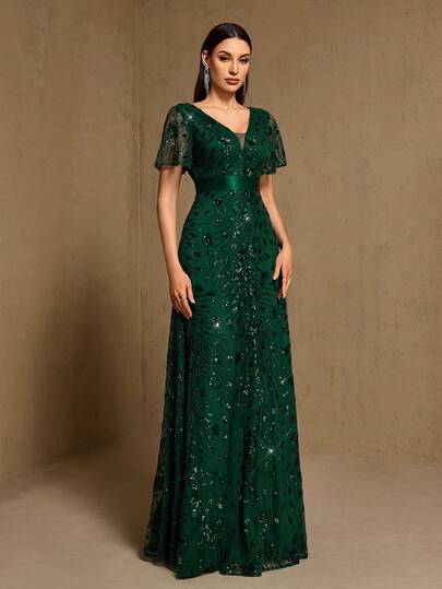 Elegant V-Neck Sequin Ruffle Sleeve A-Line Dark Green Evening Dress, Formal Dress, Wedding Guest Dress, Suitable For Formal Wedding Occasions, Galas And More