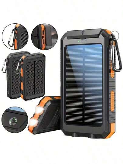 LOZE 10000mAh Solar Power Bank, Dual USB & USB-C Output, Built-In Flashlight And Compass, Portable Charger For Outdoor Adventures