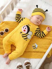 Baby Girl Casual Cute Cartoon Bee Button Jumpsuit And Hat 2pcs Set