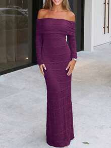 Đầm ôm sát tay dài trễ vai gợi cảm tối giản, thích hợp cho kỳ nghỉ xuân, thanh lịch. - Màu tím - Xem 6