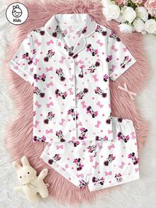 Disney 少女米妮蝴蝶结印花两件套，可爱休闲的配套T恤和松紧腰短裤，柔软透气的丝滑面料，适合所有季节的居家穿着，少女款