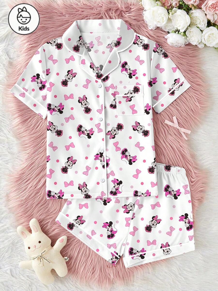 Disney 少女米妮蝴蝶结印花两件套，可爱休闲的配套T恤和松紧腰短裤，柔软透气的丝滑面料，适合所有季节的居家穿着，少女款