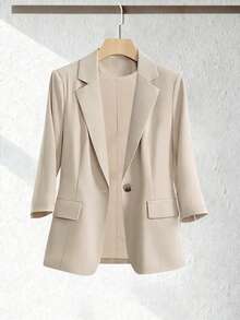 Bộ đồ nữ thường ngày, màu trơn, có lớp lót, dáng rộng, cài cúc đơn, tay lửng 7/8 và quần ống đứng, thích hợp cho mùa xuân. - Màu be - Xem 3