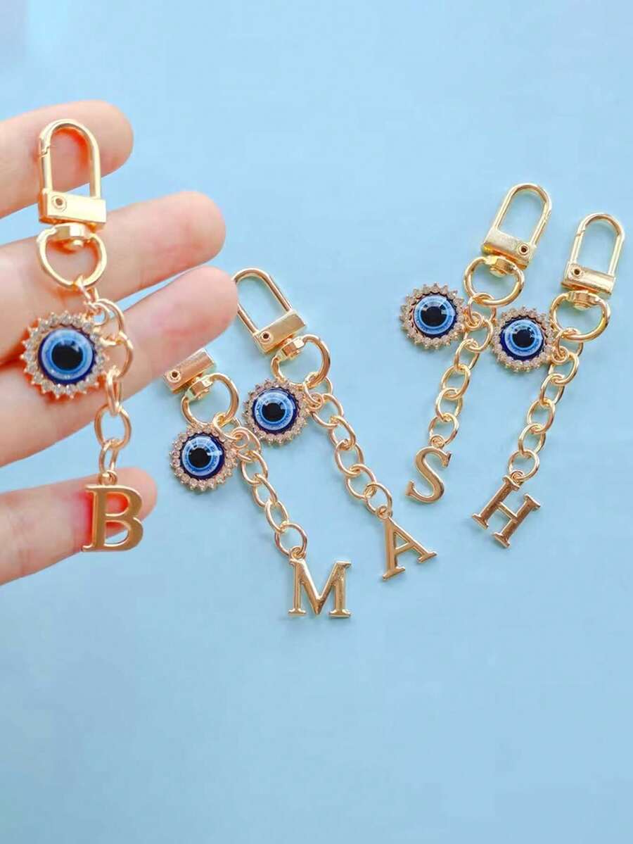 Evil Eye Keychain With Blue Eye Charm & Initials (A-Z) - Golden-Tone Rhinestone-Encrusted Protection Talisman, Durable Metal-Like Letters For Women, Car Keys, Personalized Pendants, Bag Accessories, Key Accessories,,Ideal For Birthday, Graduation, Wedding Gifts, Backpack And Car Key Decor, Friendship Day Present, Decorative Keyring,Valentine'S Day Gifts, Recent Holiday Gifts,Suitable Gifts For Family, Friends, Colleagues, And Classmates - Multicolor - View 1