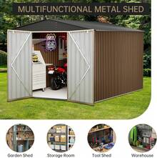 Cobertizo de almacenamiento metálico para exteriores, gran cobertizo de jardín de 2,4 x 2,4 m con puertas con cerradura, impermeable y resistente al óxido, con estructura robusta para patio, jardín y organización de herramientas de jardín. - Marrón - Ver 6