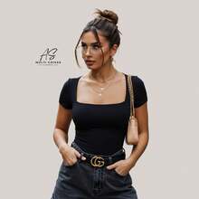 Set Of 4 Baby Look Blouses With Double Front Lining And Square Neckline. Simple. None. Vacation. Beach. - ĐEN/XANH DƯƠNG/VÀNG/TÍM NHẠT - Xem 5