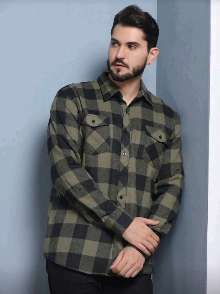 Men's Long-Sleeved Plaid Flannel Dress Shirt, Regular Fit, Buttons Down The Front, With Pocket. - xanh quân đội - Xem 1