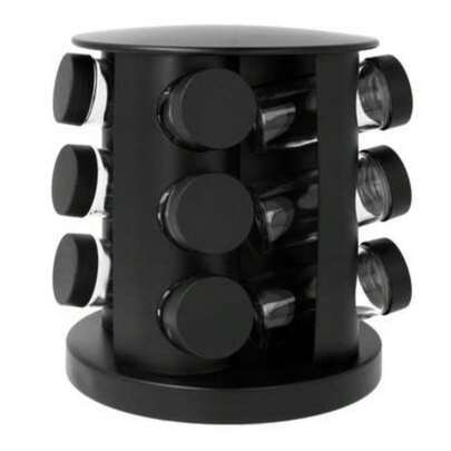 Porta Temperos Condimentos Giratório 6 e 9 Potes Vidro 90G com Tampa Dosadora Preto + Etiquetas Adesivas
