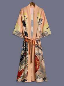 Kimono de estilo tradicional japonés con estampado de belleza, de manga 3/4 y longitud media como chaqueta fina, elegante y casual para uso en la calle, suelto, adecuado para la playa, viajes, vacaciones, ropa de estar en casa, bata, fiesta, bata de baño - Champán - Ver 3