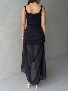 Faeriesty 黑色无袖高领雪纺连衣裙，层叠荷叶边下摆，收腰设计，不对称飘逸裙摆——优雅复古性感风格，是周末早午餐、浪漫约会、艺术画廊开幕式、城市漫步和夏季郊游的理想之选（不含腰带）