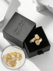 Conjunto de Anel Vazado em Formato de Coração com Zircônia Cúbica em Caixa de Presente de Luxo, Joia Sofisticada para Festas e Ocasiões Formais Femininas, Material em Cobre, Não Desbota e Hipoalergênico, Presente Ideal para as Festas - Ouro - Ver 7
