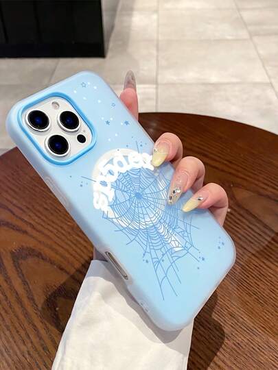 1 Blue Spider Web Pattern Phone Case, Magnetic Liquid Soft Silicone Matte Finish, Anti-Yellowing & Super Strong Magnetism, Waterproof, Shockproof, Scratch-Resistant, Compatible With IPhone 17 Pro Max/17 Pro/17/16 Pro Max/16 Pro/16/16 Plus/15 Pro Max/15 Pro/15/15 Plus/14 Pro Max/14 Pro/14/14 Plus/13 Pro Max/13 Pro/13/12 Pro Max/12 Pro/11 Pro Max/11 Pro/11, INS Style, Premium Texture, INS Magnetic Full-Cover Liquid Jelly Silicone Phone Case, Solid Color Phone Case, Dopamine Style, Unisex Design, Couple Design, Valentine's Gift, Holiday Gift, Gift For Your Loved One, Stylish Phone Case, Cute Phone Case, Luxury High-End New Product, A Unique Gift For Parties