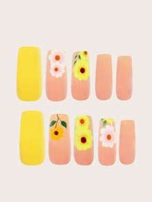 用24片中号方形美甲贴片表达你的爱意！清新可爱的黄色向日葵配绿叶和粉色桃花，浪漫的红色雌蕊搭配粉色假指甲，奢华的橙色向日葵搭配黄色假指甲，全覆盖式假指甲贴片，适合女性和女孩。包含美甲沙龙套装，内含1片果冻胶和1个锉刀。果冻胶随机发货。 - 黃色 - 查看 3