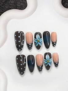10片装新款彩色美甲套装，亚克力压制甲片，手工五瓣渐变蓝色花朵美甲配件，蓝色波点美甲装饰，蓝色渐变设计，卡其色指甲油手工压制甲片 - 彩色 - 查看 12