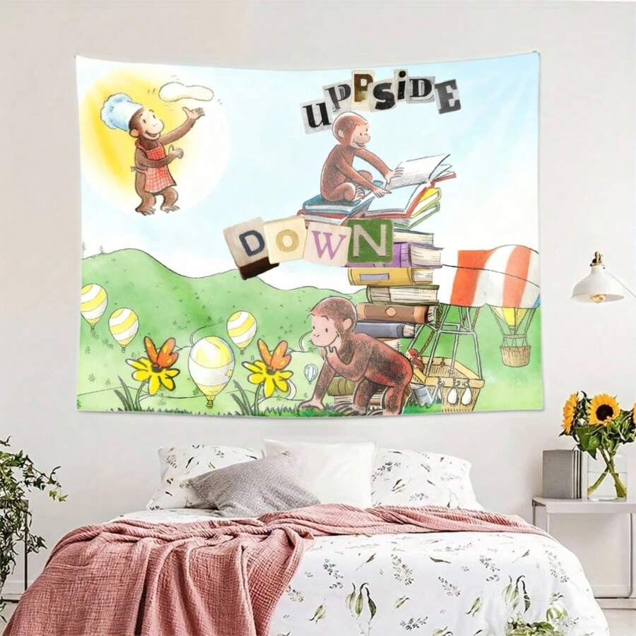 Curious George Monkey Cartoon Tapestry Wall Hanging Colorful Animation Tapestry For Toddler Room Decor Lightweight Polyester Large Decorative Tapestry For Home Wall Decor - 彩色 - 查看 1