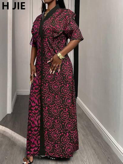 女士休闲波西米亚风梭织长连衣裙，短袖V领带口袋A字裙