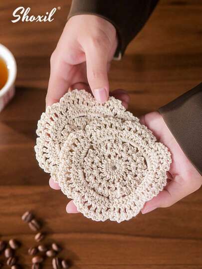 shoxil 1 pièce/5 pièces Coussin de tasse, Napperon, Dessous de verre en coton crocheté de dentelle, Napperon de bol fait main, Napperon de table, Napperon décoratif rétro de bureau