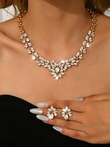 3件套奢华婚礼派对女士礼服水钻装饰珠宝时尚闪亮项链耳环套装，舞会礼服珠宝配饰 - 金色 - 查看 21