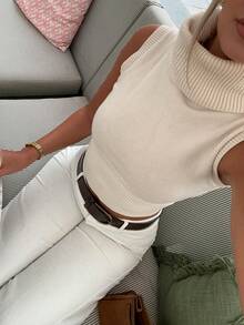 Women's Elegant Sleeveless High Neck Cropped Top, Ribbed Knit Stretchy Vest - Apricot - View 2