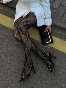 1 Pc Of Women's Floral Lace Tights/Stockings, Fishnet Socks, High-Waisted Slim-Fit Design, Available In Large Sizes, Suitable For Various Occasions, Ideal As A Christmas Gift. - 勃根地花簇 - 查看 5
