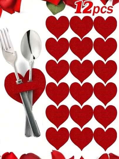 6/20Pcs Of Red Heart-Shaped Cutlery Placemats And Heart-Shaped Red Felt Napkin Rings | Practical And Decorative Napkin Rings, Suitable For Valentine's Day, Romantic Weddings, Wedding Celebrations, Tableware Holiday Collections, Party And Holiday Table Decorations, And Wedding Table Settings