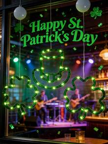 1件装圣帕特里克节窗灯，绿色幸运三叶草和妖精帽图案，LED吸盘式挂灯，电池供电，绿色霓虹剪影窗灯，带吸盘，适用于圣帕特里克节室内墙壁窗户装饰，爱尔兰节日家居派对酒吧装饰 - 彩色 - 查看 2