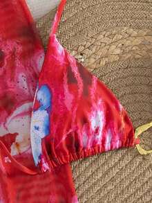 Bộ bikini 3 món gợi cảm dành cho nữ, họa tiết nhuộm tie-dye với vòng kim loại, áo hở lưng buộc dây và váy lưới, thích hợp cho kỳ nghỉ hè ở bãi biển. - Nhiều màu - Xem 4