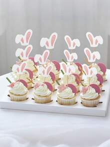 12pcs Pink Glitter Bunny Ear Shaped Easter Egg Cake Toppers, Children's Birthday Party, Baby Shower Party Supplies - Multicolor - View 2