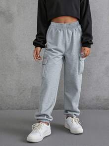 1 pieza Pantalones casuales y de moda para niñas con diseño de múltiples bolsillos para deportes al aire libre, viajes y cómodos con cordón - Gris - Ver 3