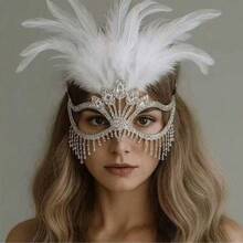 1 pieza Máscara de moda con plumas y rhinestones, 1 pieza Máscara de cantante de etapa de Halloween con flecos de rhinestones, 1 pieza Accesorio de joyería de rendimiento para mujer - Plateado - Ver 1
