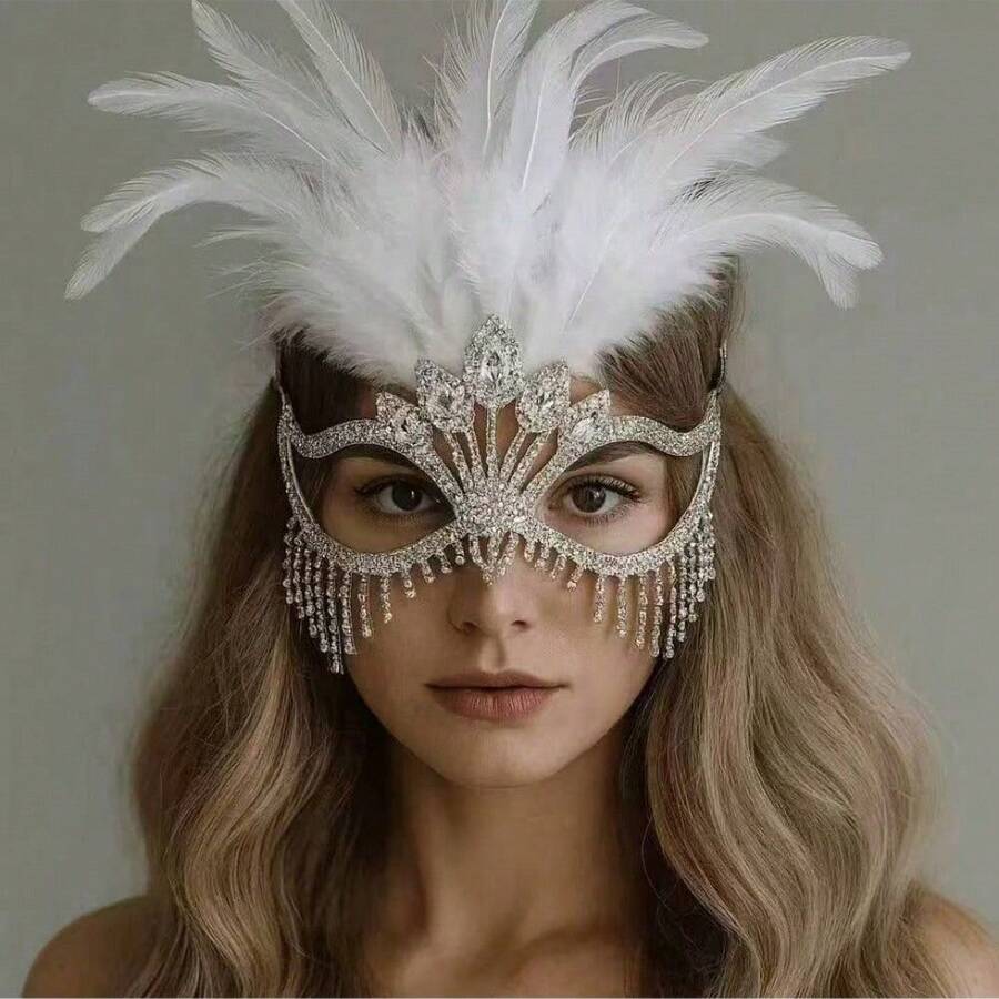 1 pieza Máscara de moda con plumas y rhinestones, 1 pieza Máscara de cantante de etapa de Halloween con flecos de rhinestones, 1 pieza Accesorio de joyería de rendimiento para mujer - Plateado - Ver 1