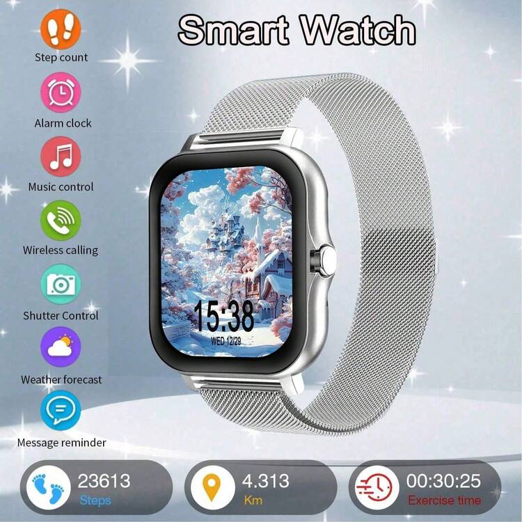 Reloj inteligente unisex con notificaciones, reproducción de música y funciones de respuesta de llamadas - Plateado - Añade 16