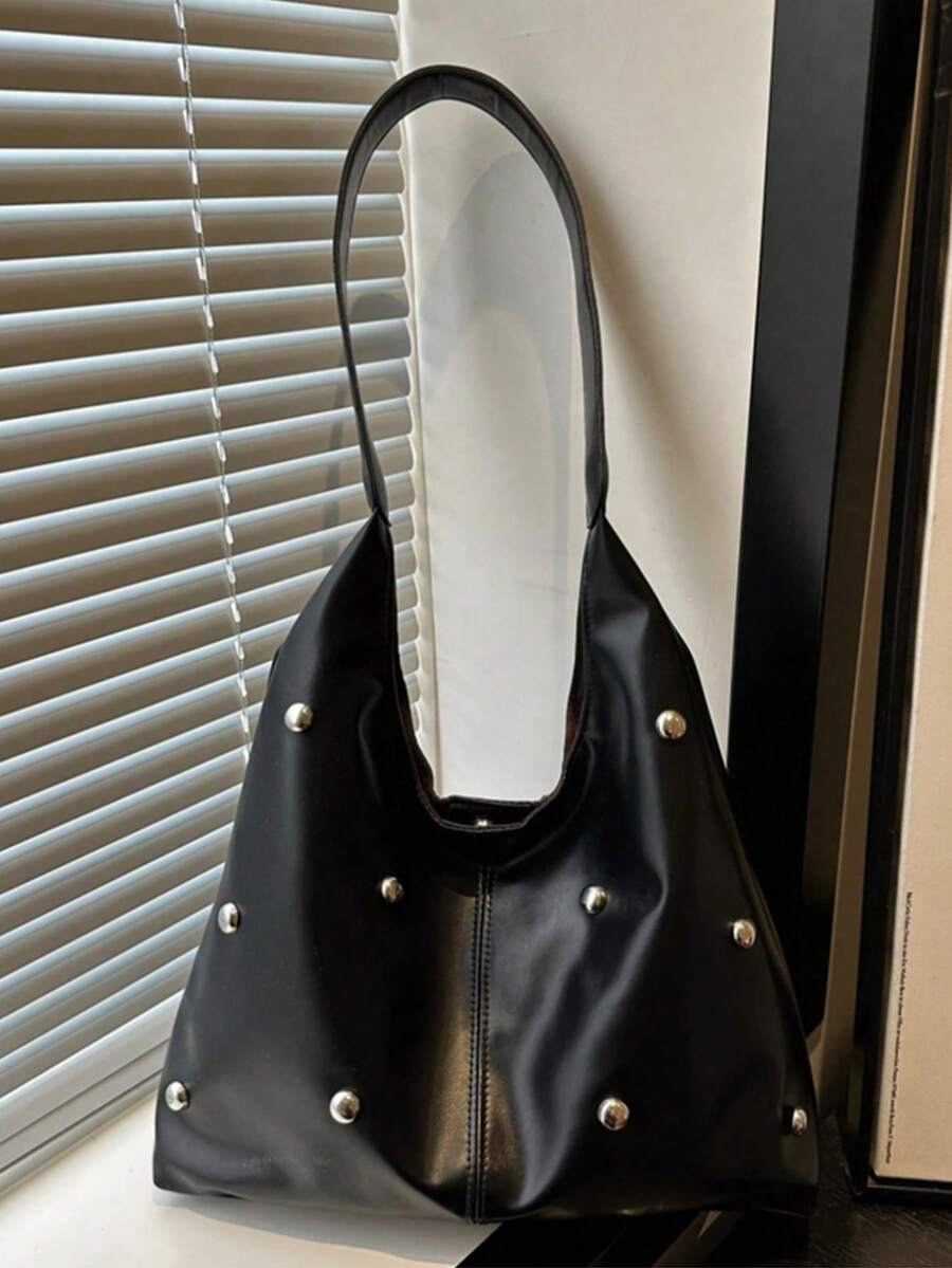 2026 Matte Solid Color Punk Rivet Commuter Tote Bag, Minimalist Style Shoulder Bag, Fashionable Large Capacity Shoulder Bag, Gothic Style - Black - View 1