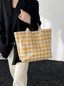 1个新款女士情人节大容量手提包，休闲格子透明果冻包，百搭学院风手提包，适合学生/旅行/健身/妈妈们，简约字母印花手提包 - 黃色 - 查看 9
