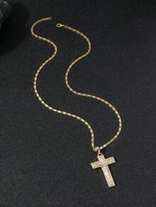 1件复古金属风格双色耶稣受难十字架元素吊坠项链，男女通用宗教元素护身符吊坠，男士多色宗教元素项链 - 金黃色 - 查看 5