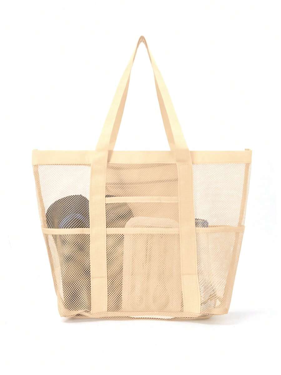 Hollow Polyester Mesh Large Capacity Beach Bag, Travel Laundry Bag, Swimming Storage Bag, Minimalist Mesh Beach Bag, Mother's Day Gift For Mom, Summer - Light Khaki - View 1