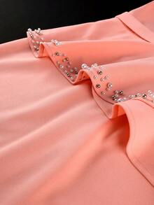 大码女士粉色长款鸡尾酒礼服，V领饰有串珠，长袖，荷叶边下摆，适合正式场合。 - 粉色 - 查看 6