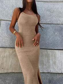 女士时尚优雅性感简约纯色休闲针织罩衫沙滩裙，夏季 - 卡其色 - 查看 2