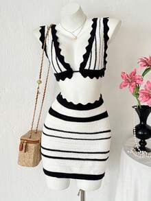 PUMPKIN Sexy Bohemian Style Color-Blocked Striped Crocheted Backless Knit Bra Paired With Ruffled Crocheted Mermaid Hem Fitted Mini Skirt Two Pieces Beach Vacation Swimsuit Cover-Up Valentine's Day Party - Black and White - View 1