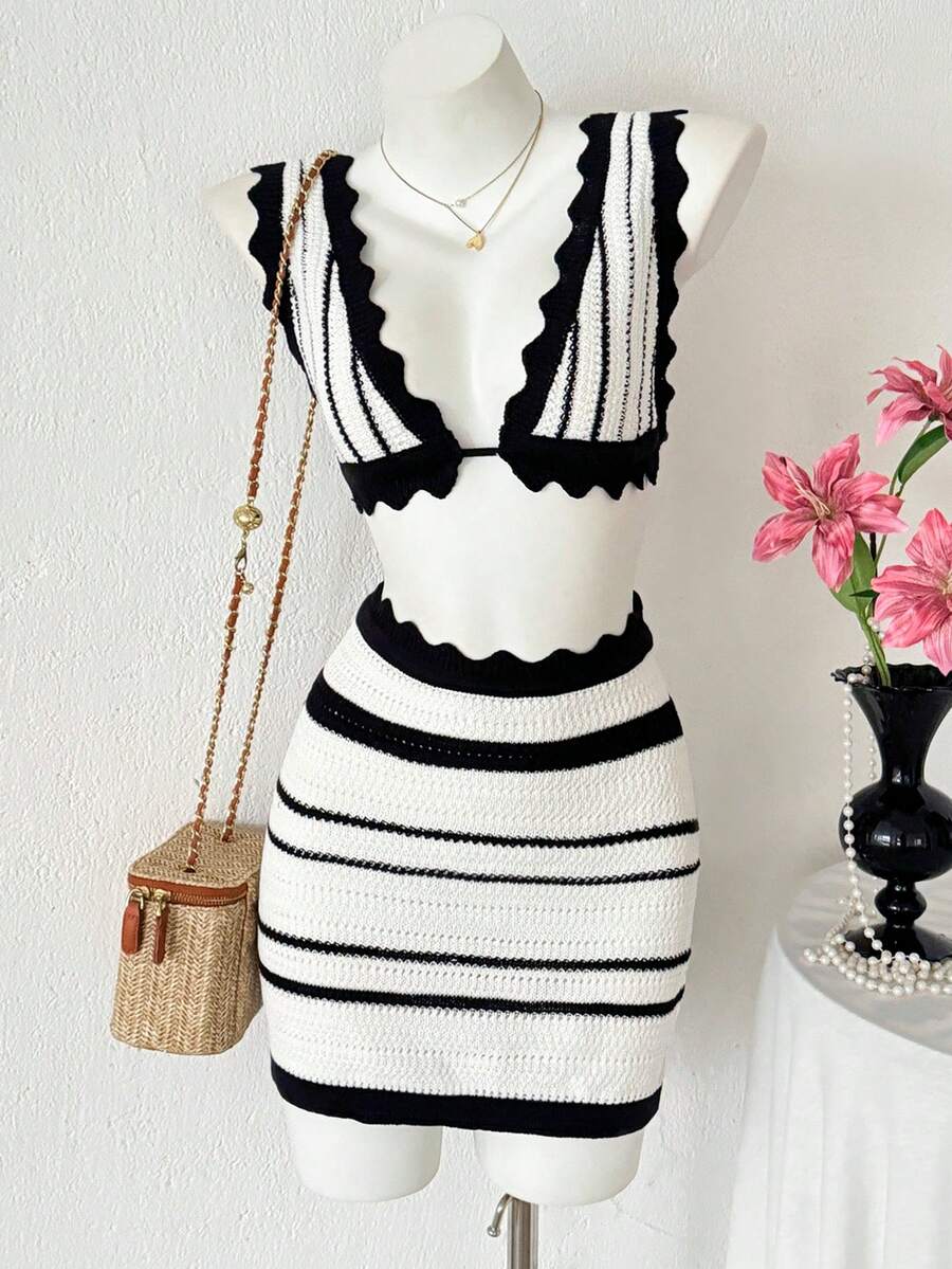 PUMPKIN Sexy Bohemian Style Color-Blocked Striped Crocheted Backless Knit Bra Paired With Ruffled Crocheted Mermaid Hem Fitted Mini Skirt Two Pieces Beach Vacation Swimsuit Cover-Up Valentine's Day Party - Black and White - View 1