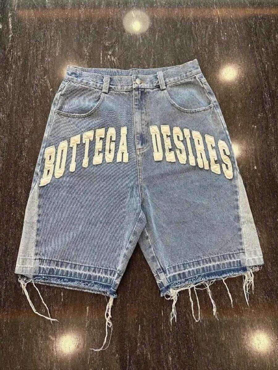 Vintage street denim shorts personalidad graffiti estampado casual suelto hacer viejos pantalones lavados - Azul - Ver 1