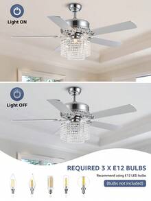 SILJOY 52 Inch Modern Crystal Ceiling Fan With Lights And Remote, Elegant Reversible Chandelier Fan Light KIt Fandelier With 5 Wooden Blades For Bedroom Living Room Dining Room - 52''-tròn - Xem 6