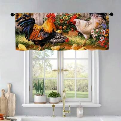 1 stuk gordijnvalletje met - en zonnebloemprint voor de keuken, bruine houtnerfachtergrond, eierkorf- en zonnebloemprint, tunnelzoom voor de gordijnroede, geschikt voor woonkamer, slaapkamer, badkamer en andere interieurdecoratie, 137 cm x 46 cm