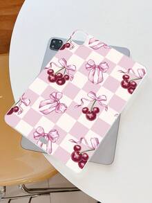 Aesthetic Style Pink & White Checkered, Bow & Cherry Pattern Transparent Tablet Case, Compatible With IPad A16, IPad 10.2 7th Gen 2019, IPad Pro 11-Inch 2020, IPad Air 5th Gen 2022, Suitable For 10th Gen IPad - Clear - View 4