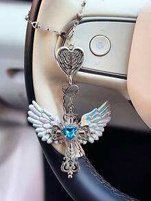 Guardian Angel Wing Cross Car Rear View Mirror Hanging Charm With Blue Crystal Heart & Love Decorative Pendant For Car Home Bag Bring Blessing & Protection On Every Drive Gift For Friends & Family - A - View 6